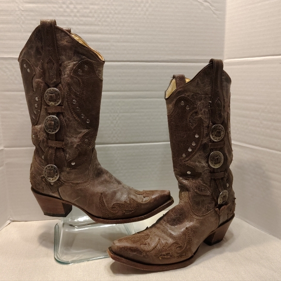 Corral Boots Shoes - Brown Embroidered Leather Western Heeled Boots
